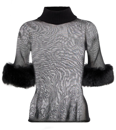 Shop Saint Laurent Faux Fur-trimmed Sheer Silk Top In Noir