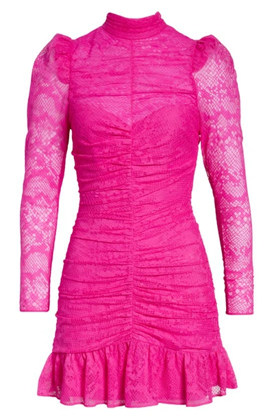 Shop Saylor Marcey Lace Ruched Long Sleeve Minidress In Fuchsia
