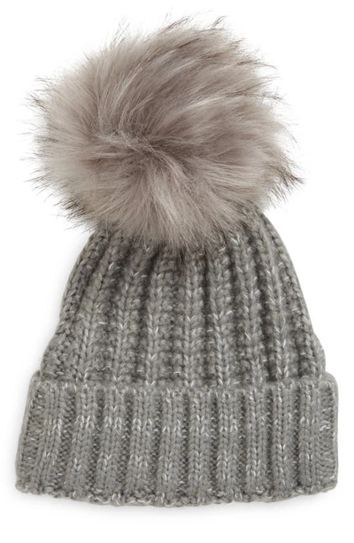 Shop Kyi Kyi Chunky Wool Blend Beanie With Faux Fur Pom In Charcoal/ Charcoal Black Tip