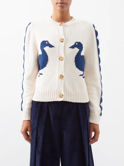 Jasper Duck-intarsia Lambswool Cardigan In Navy White