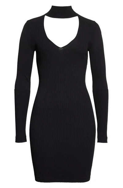 Shop Maria Mcmanus Cutout Long Sleeve Mock Neck Rib Dress In Black