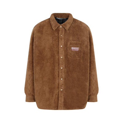 Shop Acne Studios Logo Embroidered Buttoned Teddy Overshirt In Brown