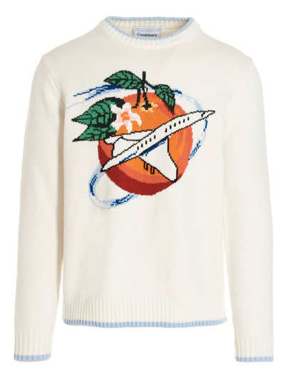 Shop Casablanca Orange Jacquard Crewneck Sweater In White