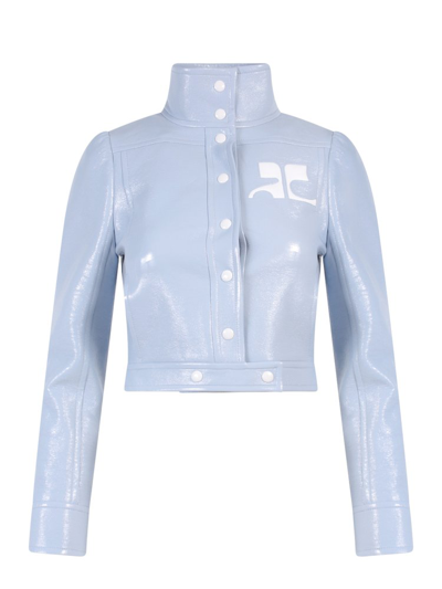 Shop Courrèges Logo Patch Buttoned Cropped Jacket In Blue