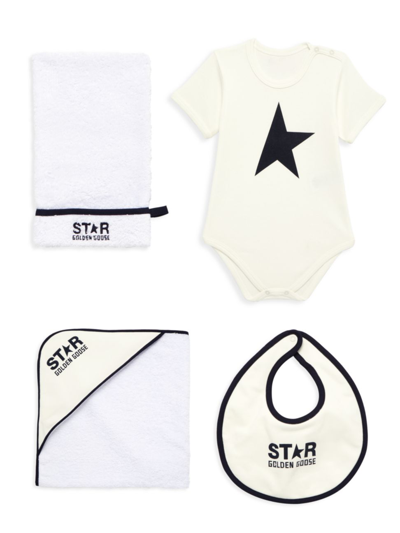 Shop Golden Goose Baby's Logo Star 4-piece Bodysuit, Bib & Towel Set In White Navy Blue