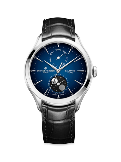 Shop Baume & Mercier Men's Clifton Stainless Steel & Alligator Moon-phase Watch In Black