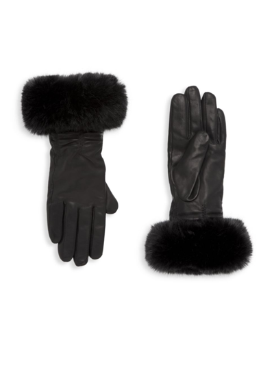 Shop Sofia Cashmere Women's Faux-fur-trim Cashmere-lined Ruched Leather Gloves In Black