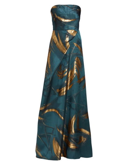 Shop Rene Ruiz Collection Women's Strapless Draped Jacquard Gown In Blue Gold