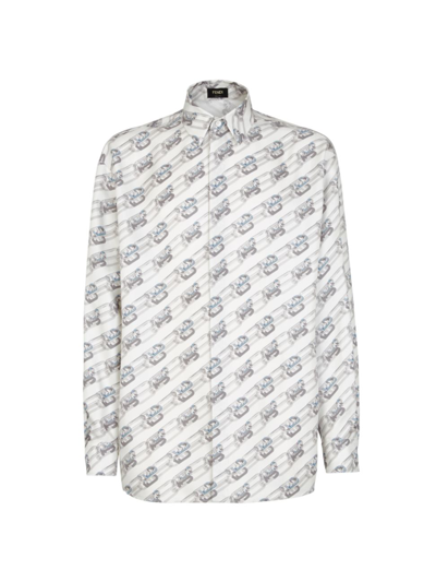 Shop Fendi Logo Chain Print Silk Shirt In Gesso