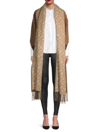 Shop Burberry Women's Reversible Oversize Tb Monogram & Check Cashmere Scarf In Beige Brown