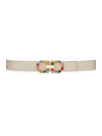 Shop Ferragamo Women's Reversible Gancini Crystal-embellished Leather Belt In Bone