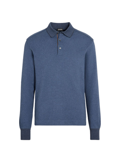 Shop Zegna Men's Long-sleeved Jacquard Polo Shirt In Medium Blue