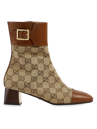 Shop Gucci Women's Ellis Gg Canvas Ankle Boots In Camel Ebony