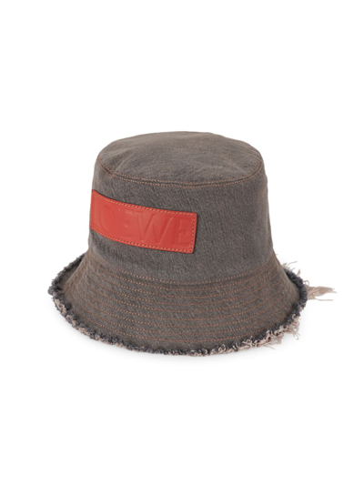 Shop Loewe Women's Logo Frayed Denim Bucket Hat In Brown