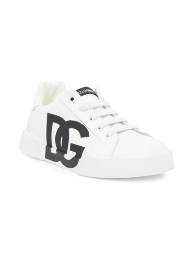 Shop Dolce & Gabbana Little Kid's & Kid's Interlock Logo Sneakers In White Navy