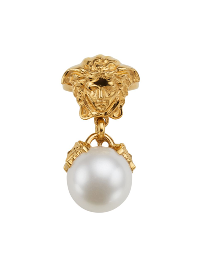 Shop Versace Women's Medusa Dangling Faux Pearl Ring In White