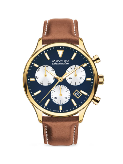 Shop Movado Men's Heritage Calendoplan Leather Strap Chronograph Watch In Blue