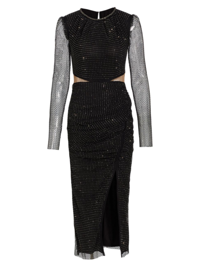 Shop Self-portrait Women's Diamante Fishnet Midi-dress In Black
