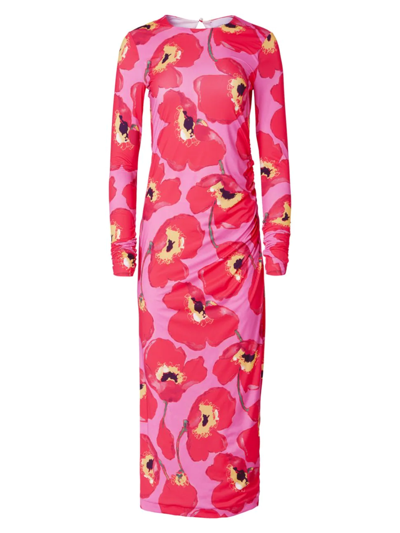 Shop Carolina Herrera Women's Long-sleeve Ruched Midi-dress In Poppy Multi