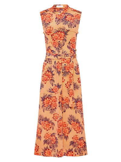 Shop Equipment Illumina Belted Floral Silk Midi-dress In Cantaloupe Multi