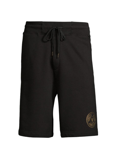 Shop Versace Jeans Couture Men's Logo Emblem Drawstring Shorts In Black Gold