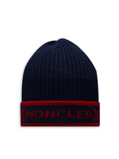 Shop Moncler Logo Wool Beanie Hat In Navy