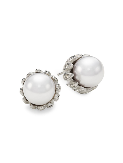 Shop Kenneth Jay Lane Women's Rhodium-plated, Faux Pearl, & Crystal Stud Earrings In Crystal White Pearl