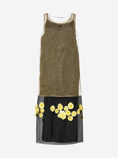 Shop Prada 3d Flowers Lurex Knit Midi Dress