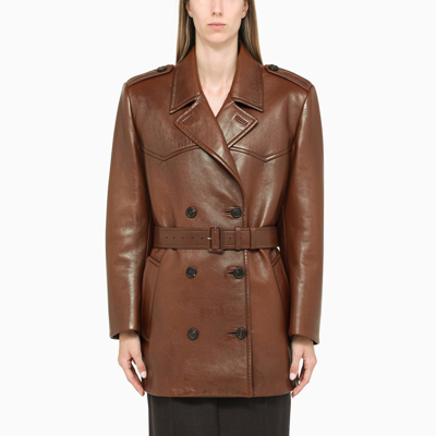 Shop Prada | Short Double-breasted Coat In Tobacco-coloured Leather In Brown