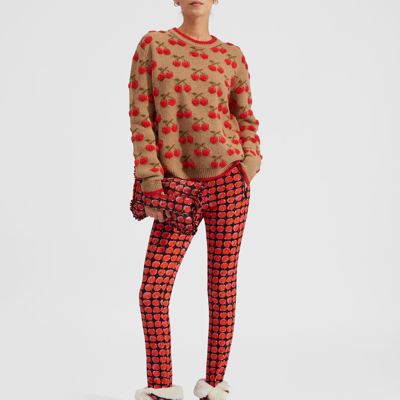 La Doublej Cherry Intarsia-knit Jumper In Camel/red