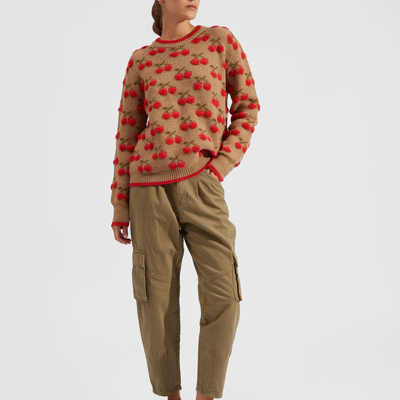 La Doublej Cherry Intarsia-knit Jumper In Camel/red