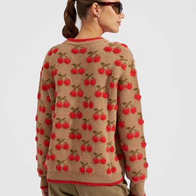 La Doublej Cherry Intarsia-knit Jumper In Camel/red