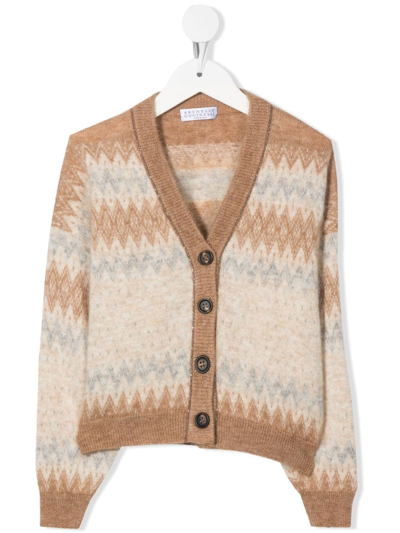 Shop Brunello Cucinelli Geometric-print Knit Cardigan In Nude