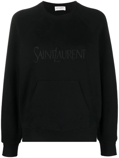 Shop Saint Laurent Embroidered Logo Crew-neck Sweatshirt In Black