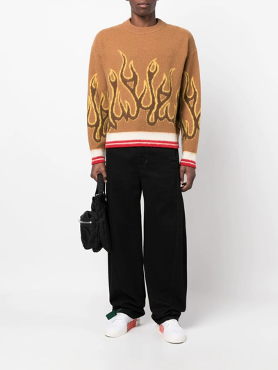 Palm Angels Striped Intarsia Virgin Wool Sweater In Braun