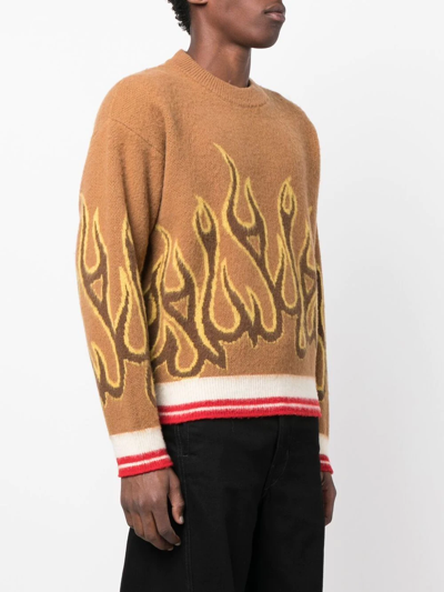 Palm Angels Striped Intarsia Virgin Wool Sweater In Braun