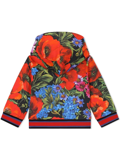 Shop Dolce & Gabbana Zip-front Floral-print Hoodie In Red