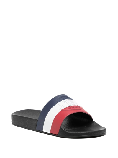 Shop Moncler Striped Logo-embossed Slides In Blau