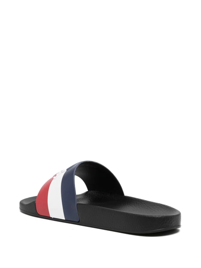 Shop Moncler Striped Logo-embossed Slides In Blau