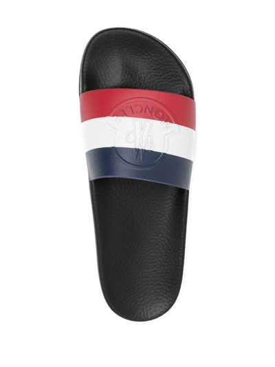 Shop Moncler Striped Logo-embossed Slides In Blau