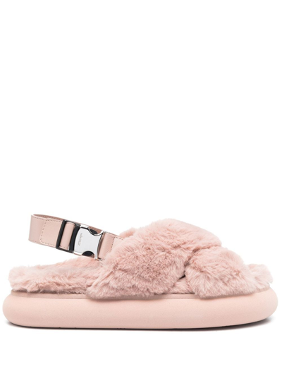 Shop Moncler Shearling Cross-strap Slippers In Pink