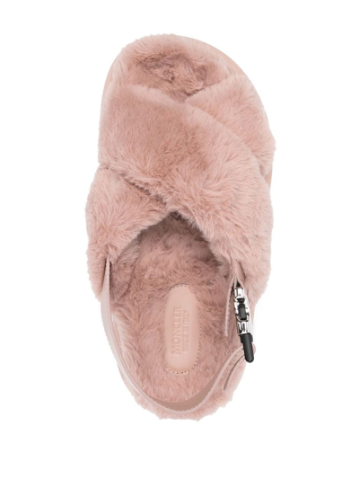 Shop Moncler Shearling Cross-strap Slippers In Pink