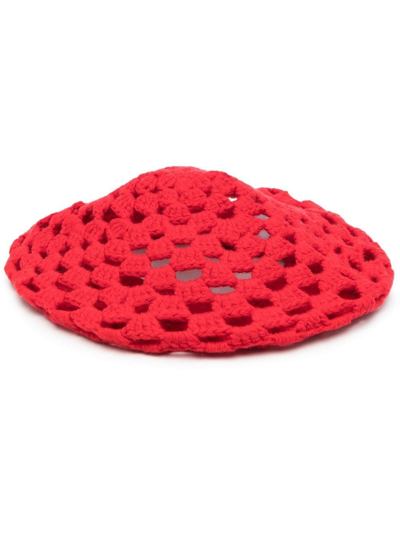 Logo-patch Recycled-wool And Recycled-polyamide Blend Crochet Beret In Red