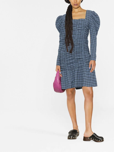 Ganni Ruched Checked Stretch Recycled-seersucker Mini Dress In Blue