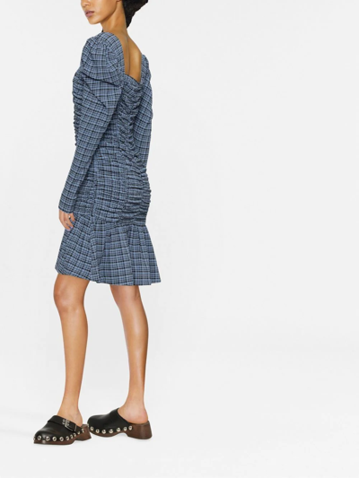 Ganni Ruched Checked Stretch Recycled-seersucker Mini Dress In Blue