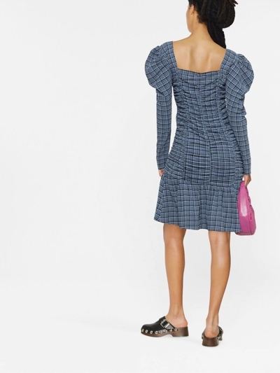 Ganni Ruched Checked Stretch Recycled-seersucker Mini Dress In Blue