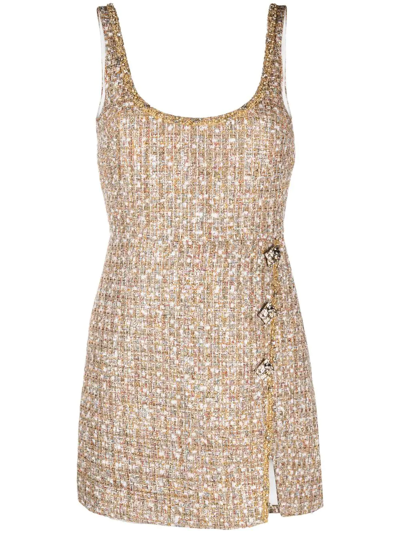 Shop Self-portrait Crystal-embellished Check Mini Dress In Gold