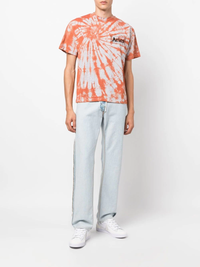 Aries Temple Logo-print Tie-dyed Cotton T-shirt In Orange