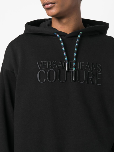 Shop Versace Jeans Couture Logo-embroidered Drawstring Hoodie In Schwarz