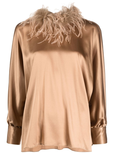 Shop Styland Feather-trimmed Blouse In Neutrals